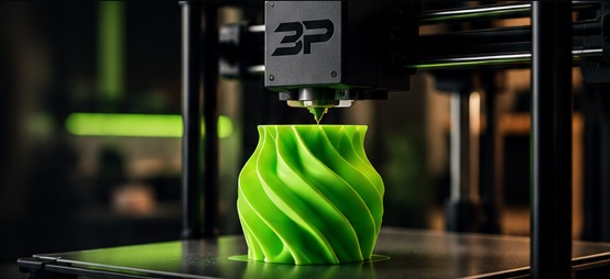 Impressora 3D produzindo um objeto verde em formato espiral