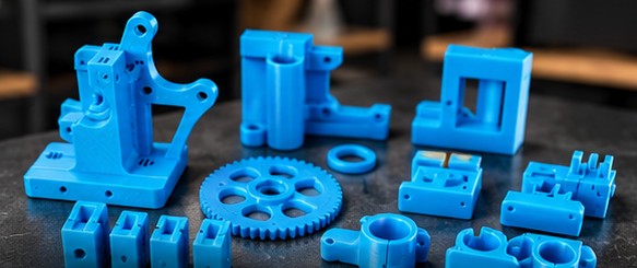 Engrenagem e componentes técnicos azuis impressos em 3D
